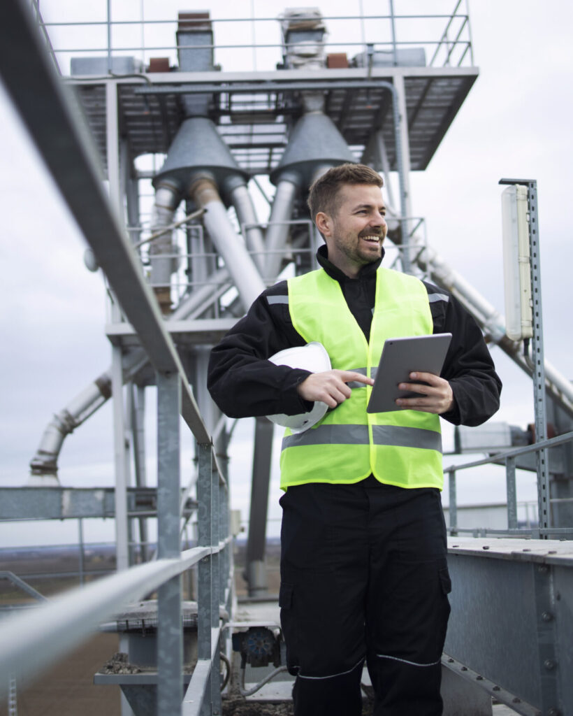 Industrial factory worker standing on high metal construction of production plant.